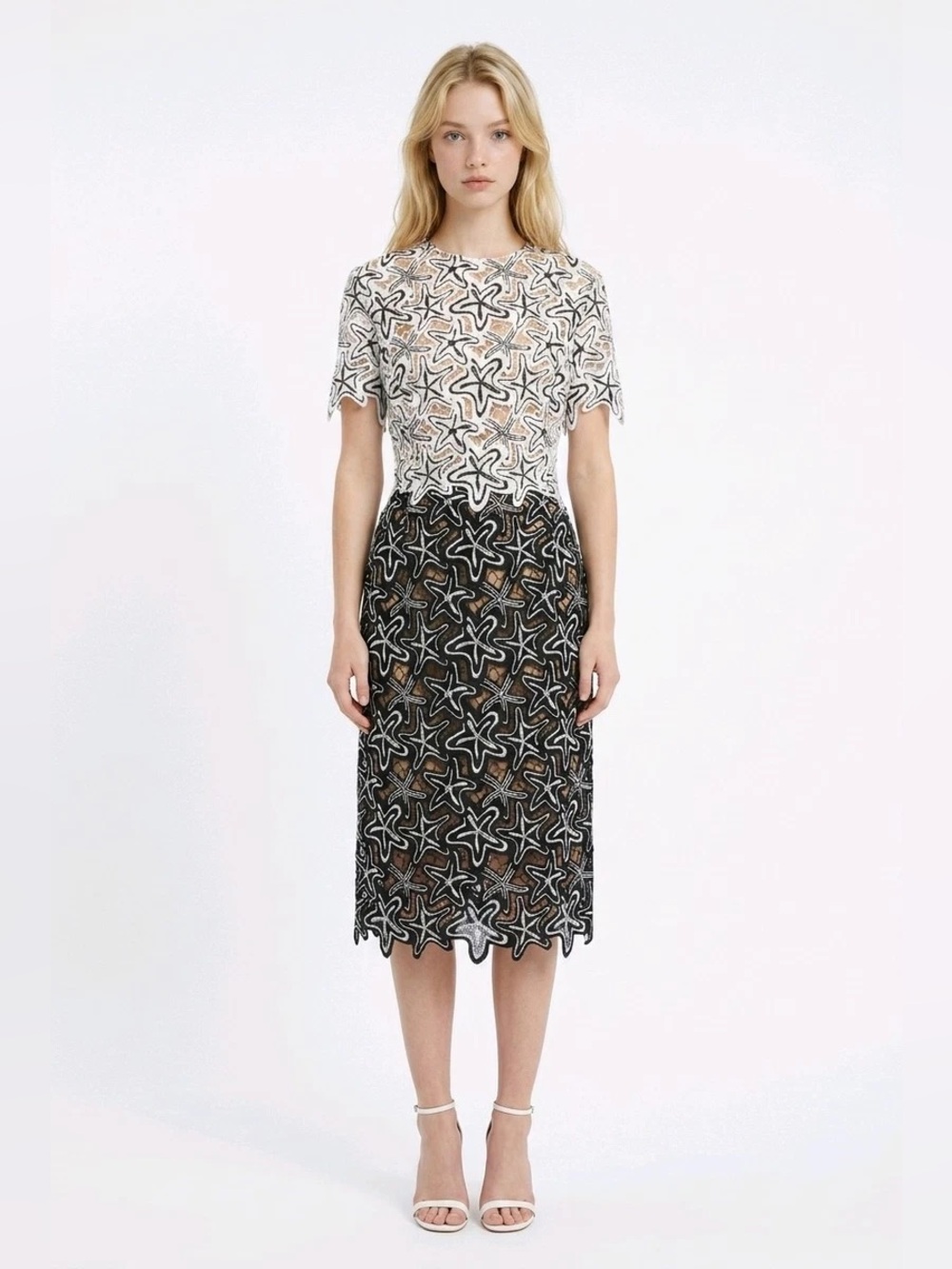 NWT Oscar de la Renta White Black Lace Embroidered Midi Dress Size 6